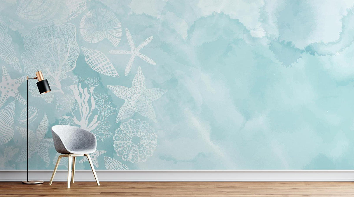 Coastal wallpaper with starfish design brightening a bathroom with spa-like ambiance