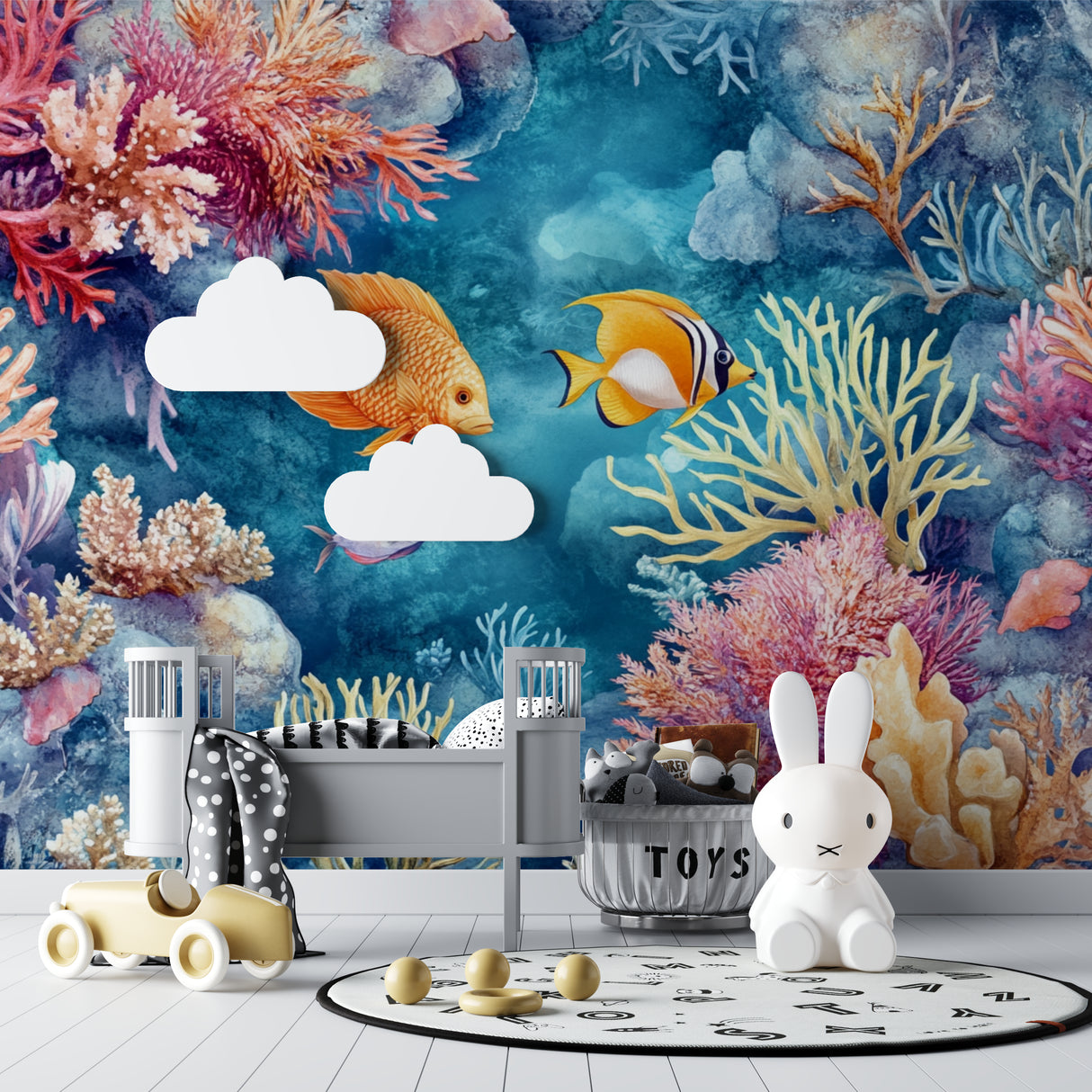 Tropical fish wall mural creating depth in a cozy bedroom setting