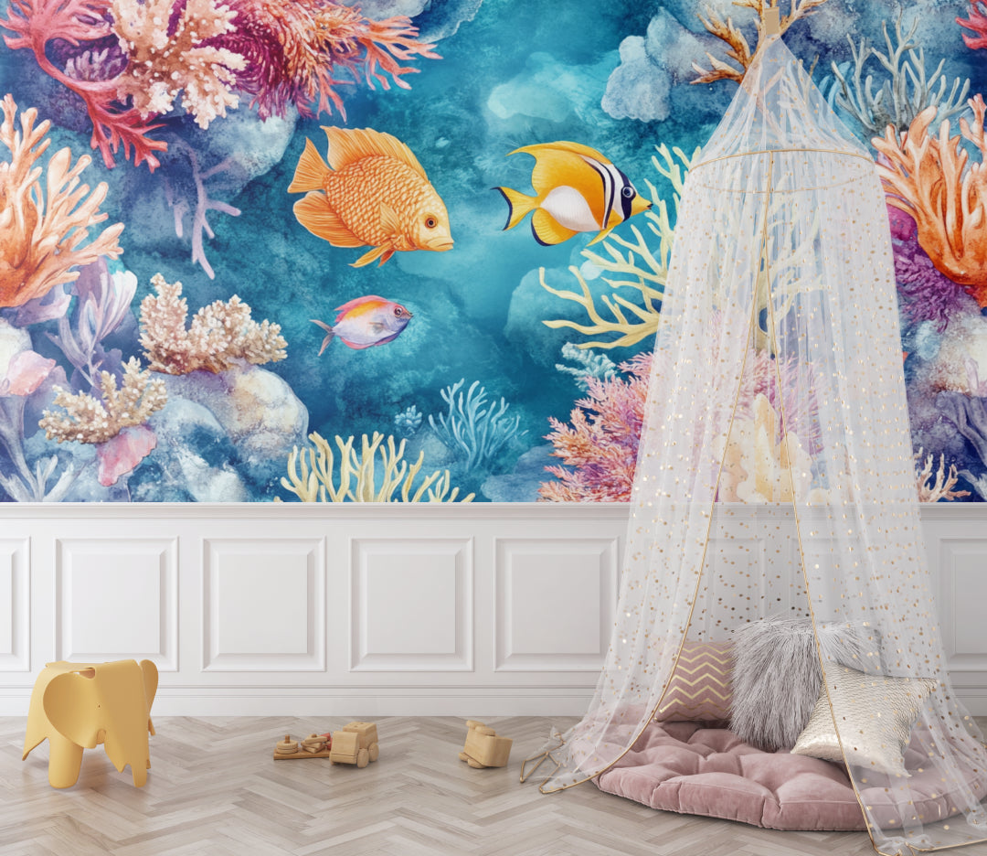 Marine life wallpaper transforming a bathroom into an underwater paradise
