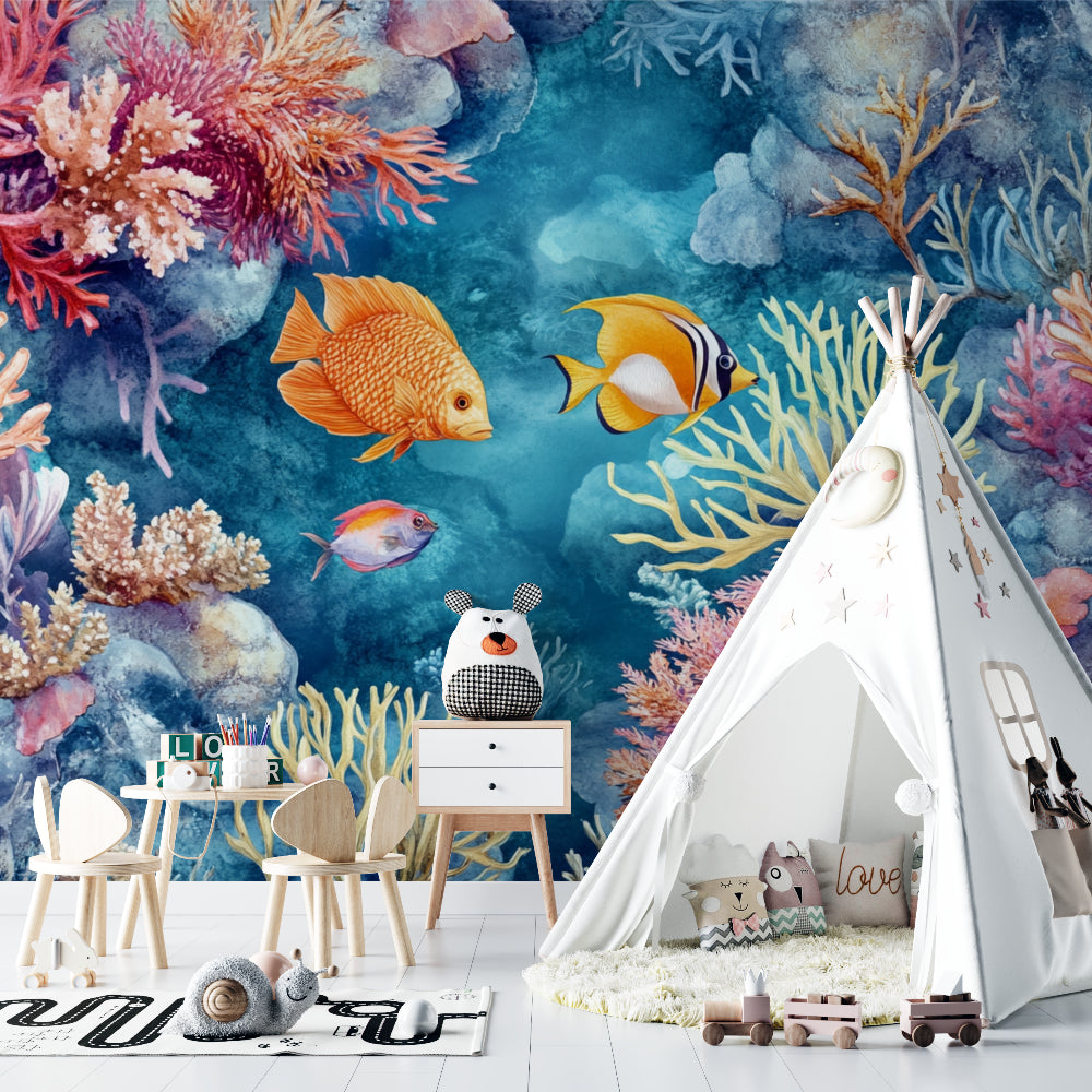 Underwater wallpaper bringing coastal charm to a dining room