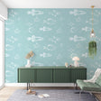Marine life wallpaper creating a serene atmosphere in a modern bathroom, with hand-drawn fish pattern adding movement to the space