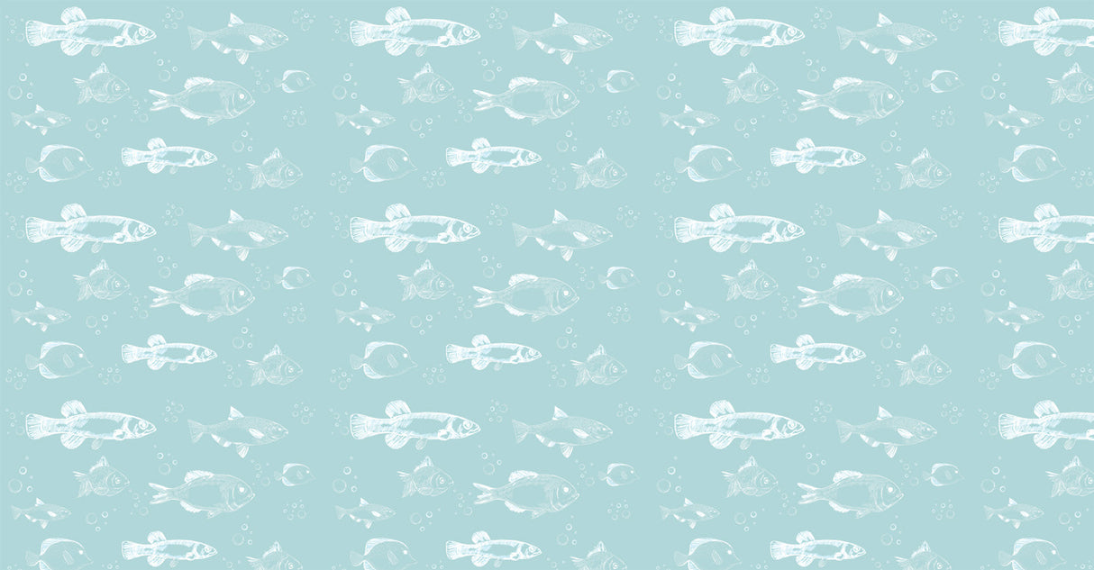 Hand-drawn fish pattern design file showing detailed white sketches on aqua blue background