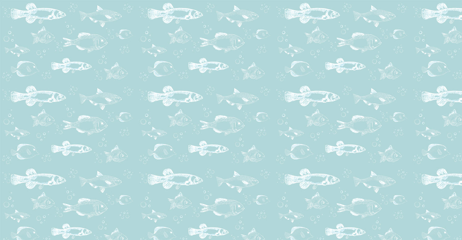 Hand-drawn fish pattern design file showing detailed white sketches on aqua blue background