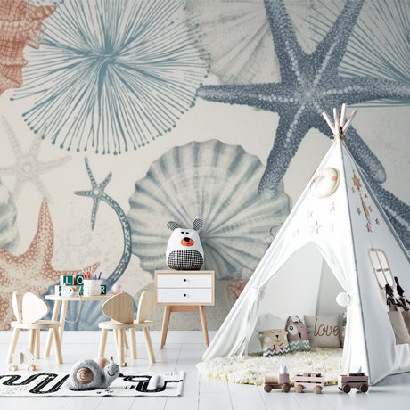 Marine life wallpaper creating a peaceful atmosphere in a modern bathroom with soft coral and seashell designs