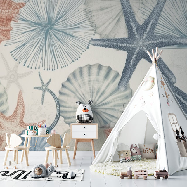 Marine life wallpaper creating a peaceful atmosphere in a modern bathroom with soft coral and seashell designs