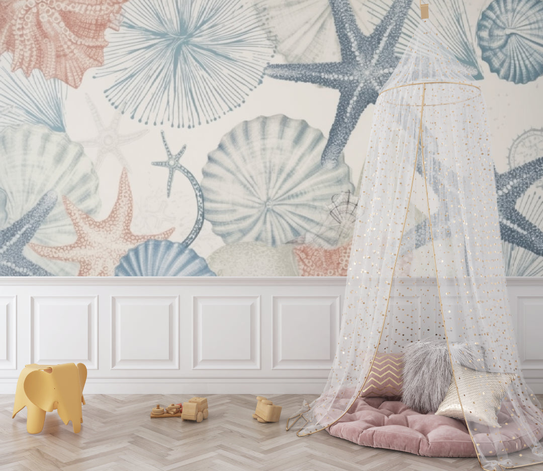 Ocean theme wallpaper brightening a child's bedroom with gentle blue seashell patterns