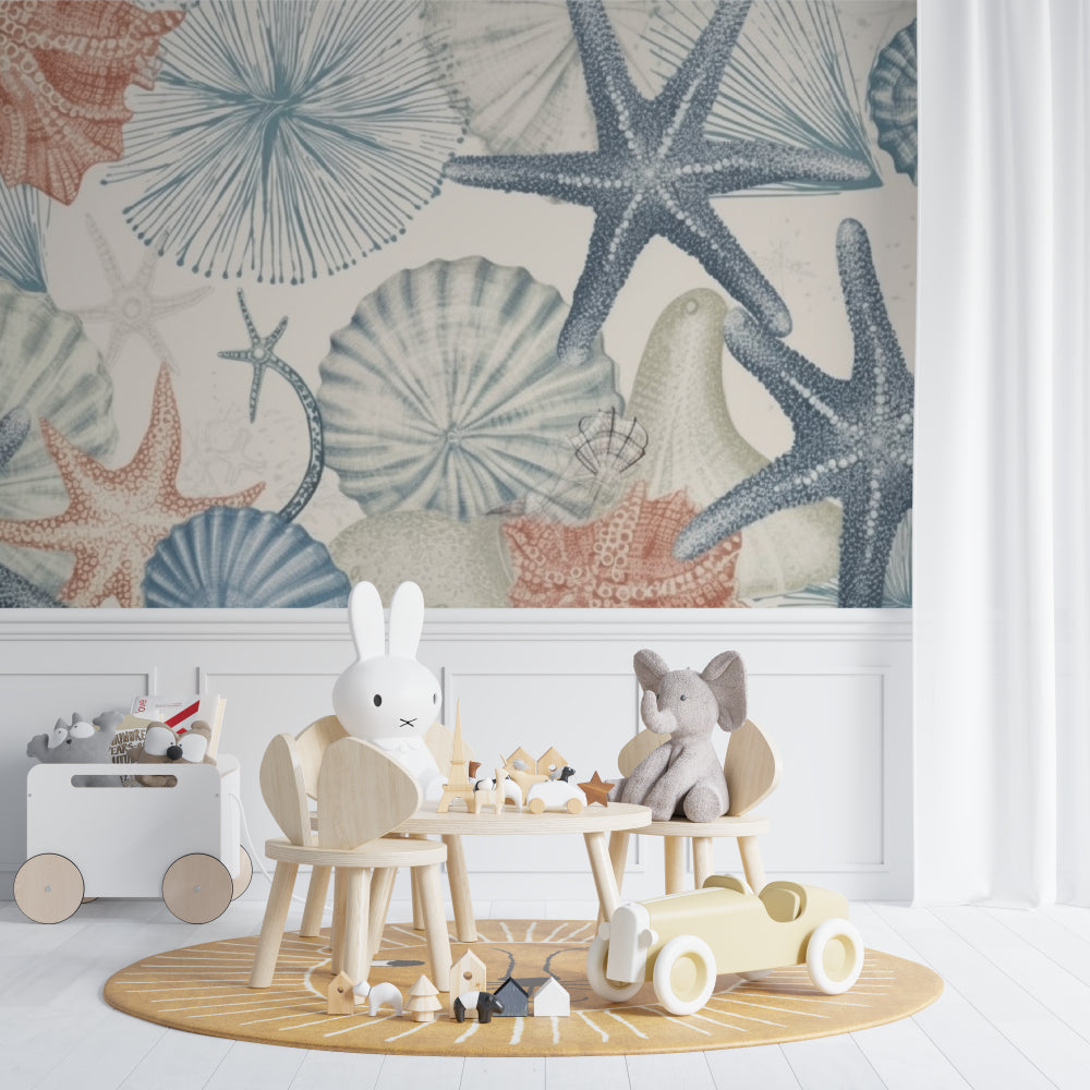 Seashell wallpaper bringing seaside charm to a nursery with pastel marine designs