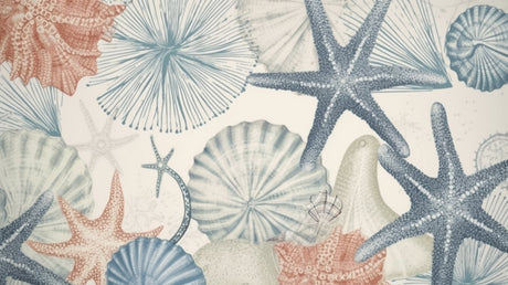 Marine life wallpaper design file showing detailed coral and seashell pattern in soft blues and pinks