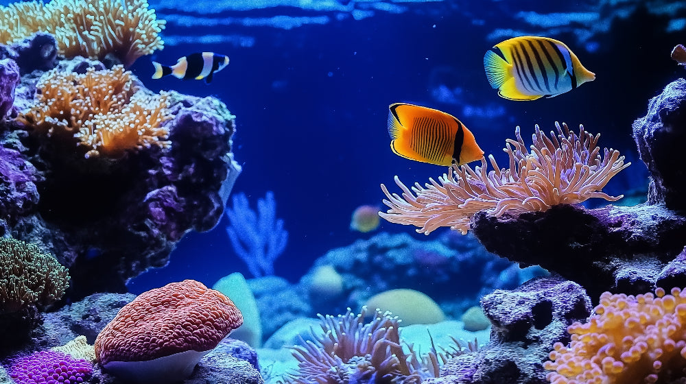 Coral reef wallpaper creating a peaceful atmosphere in a modern bathroom, with vibrant fish and coral details