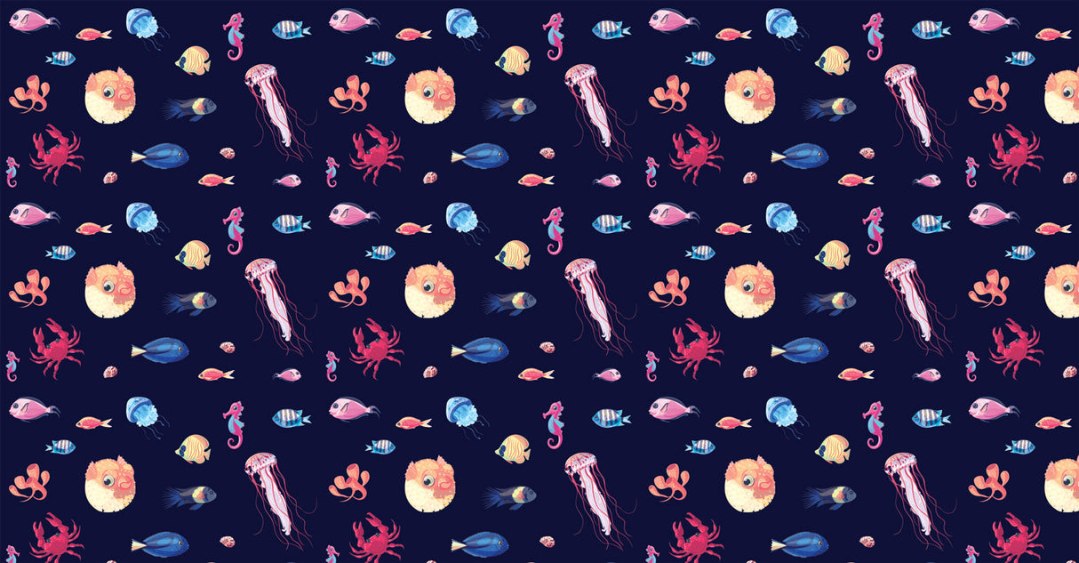 Marine life wallpaper creating an underwater paradise in a modern living room, with jellyfish and seahorses dancing on navy walls