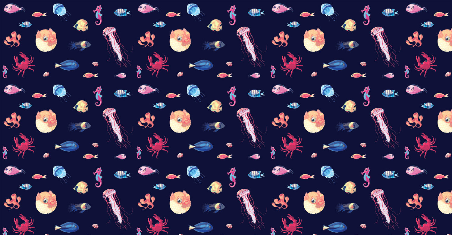 Marine life wallpaper creating an underwater paradise in a modern living room, with jellyfish and seahorses dancing on navy walls