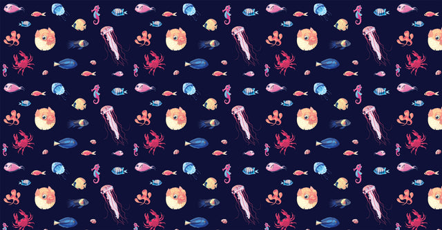 Marine life wallpaper creating an underwater paradise in a modern living room, with jellyfish and seahorses dancing on navy walls