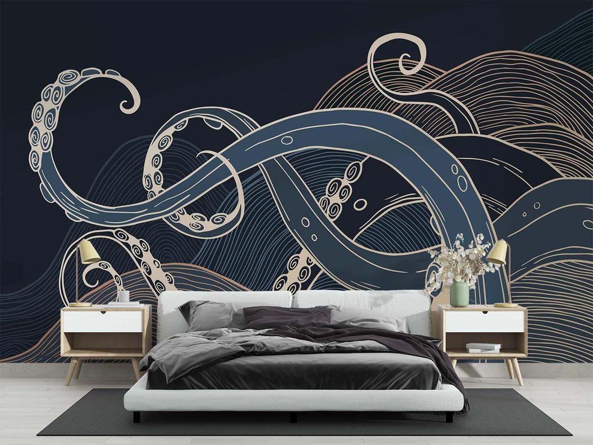 Marine life wallpaper with gold octopus design creating drama in modern living room
