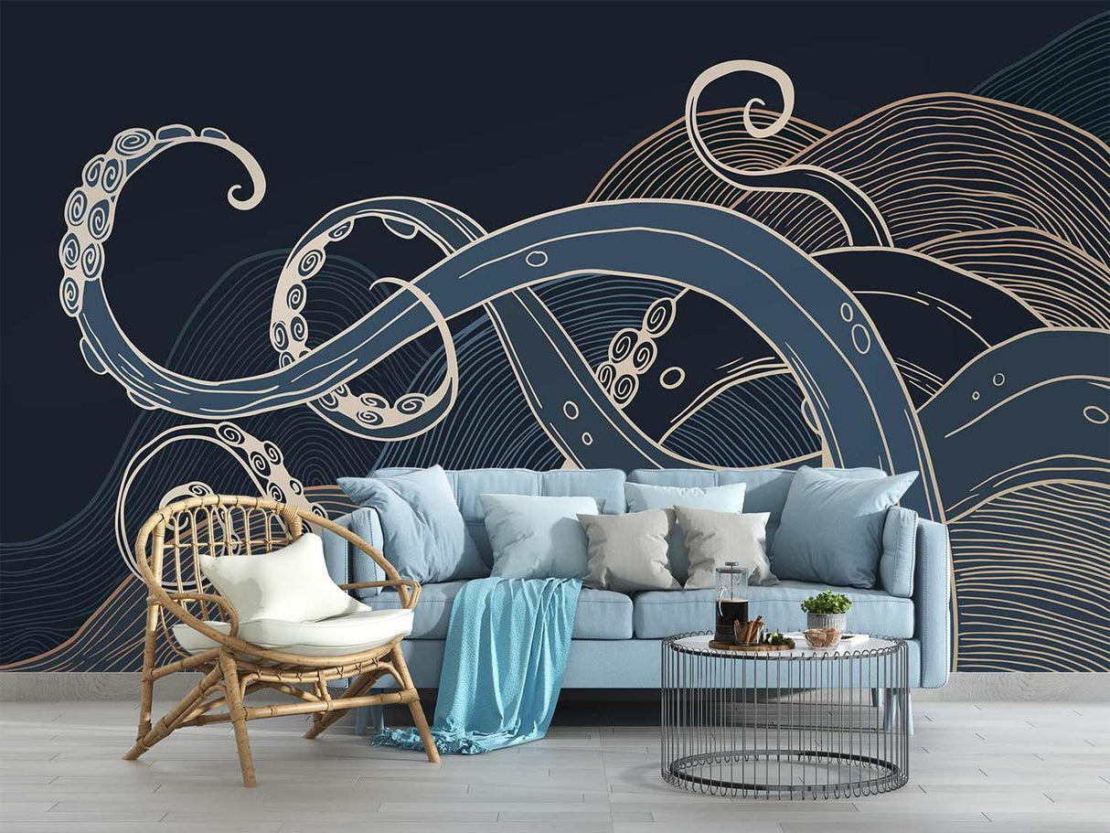 Octopus wall mural bringing elegance to minimalist dining space