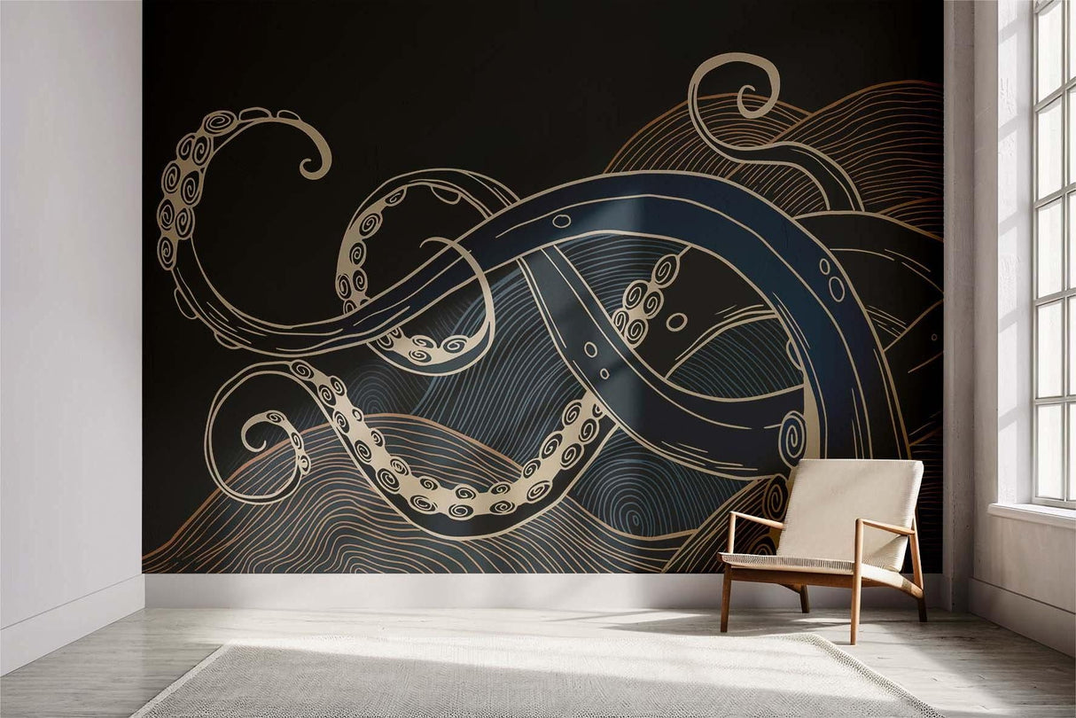 Ocean-themed line art mural adding sophistication to master bedroom