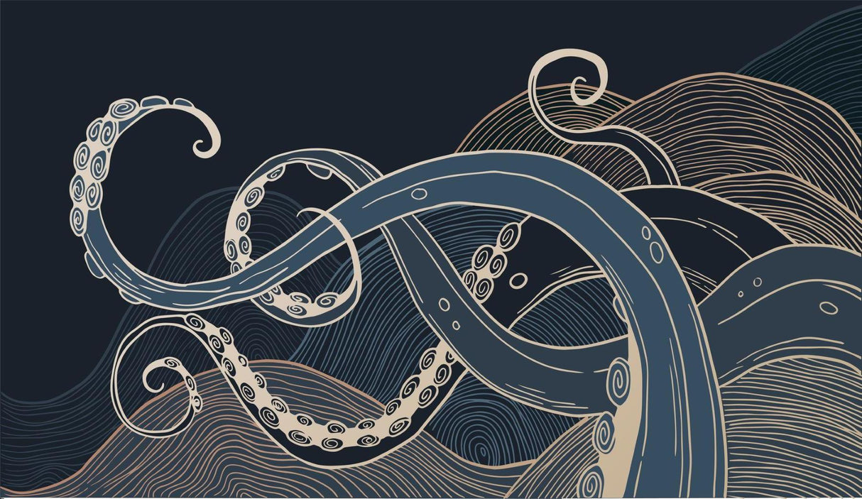 Design file showing detailed gold octopus line art pattern on navy background