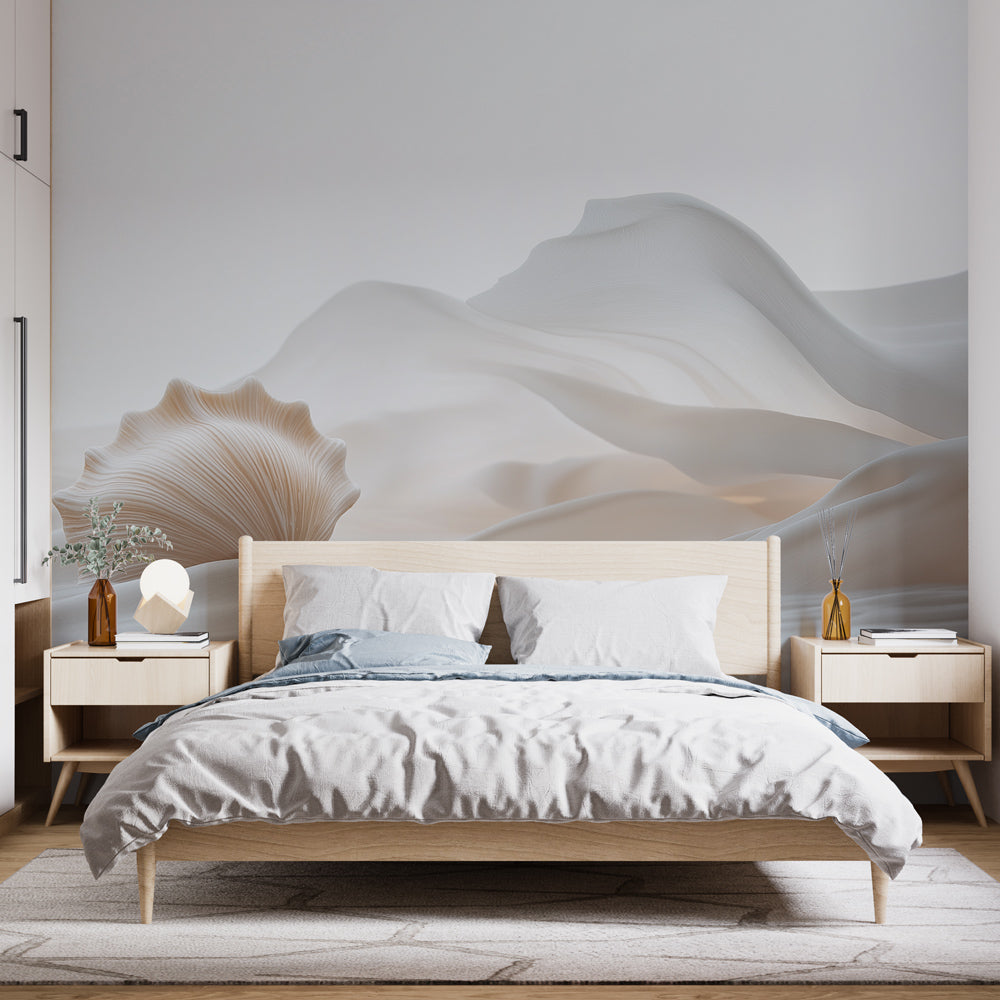 Marine abstract wallpaper with shell design shown in a modern living room, creating a calm and elegant atmosphere