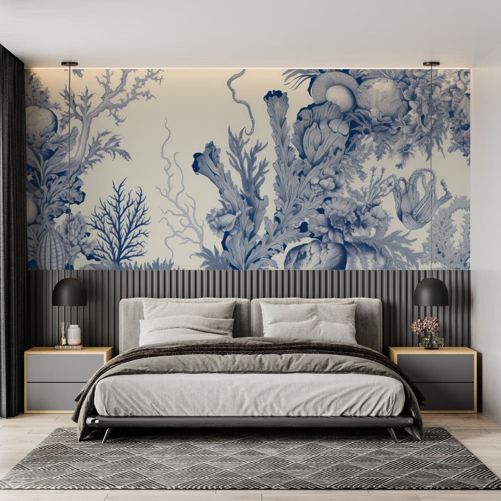Marine coral wallpaper in modern living room showing blue underwater scene with natural lighting
