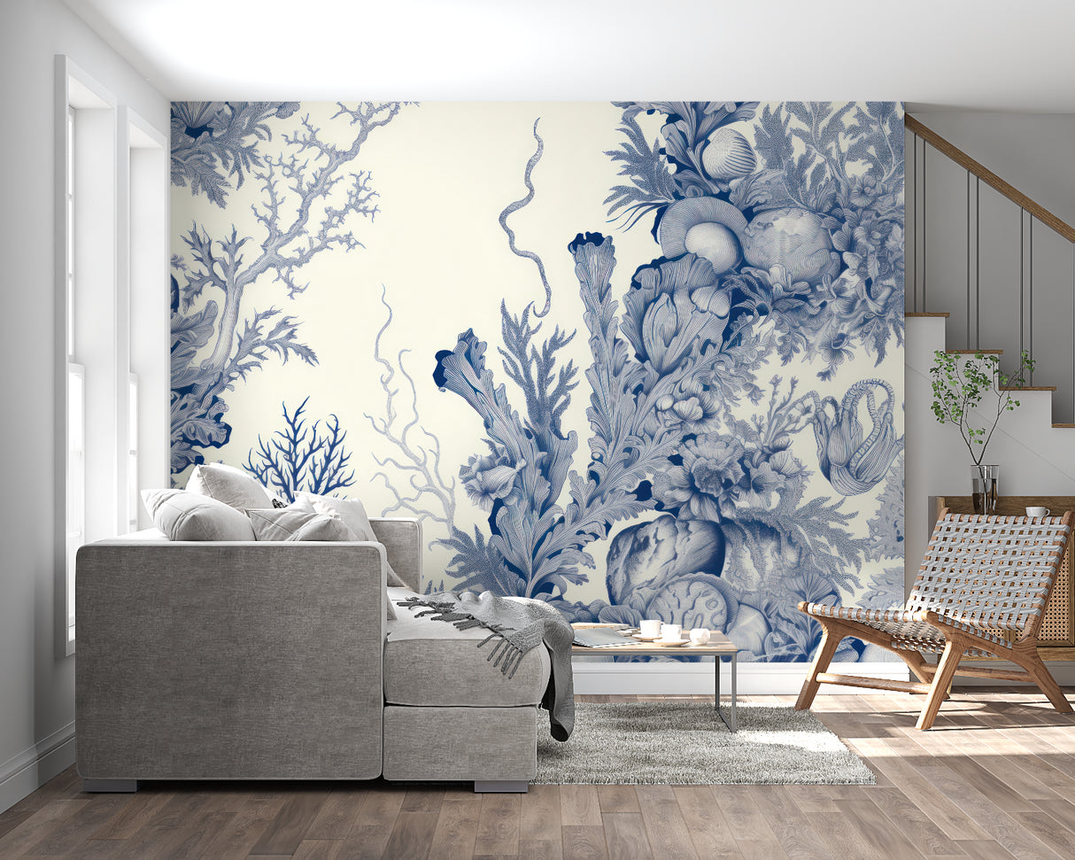 Blue coral underwater wallpaper creating spa-like atmosphere in master bathroom