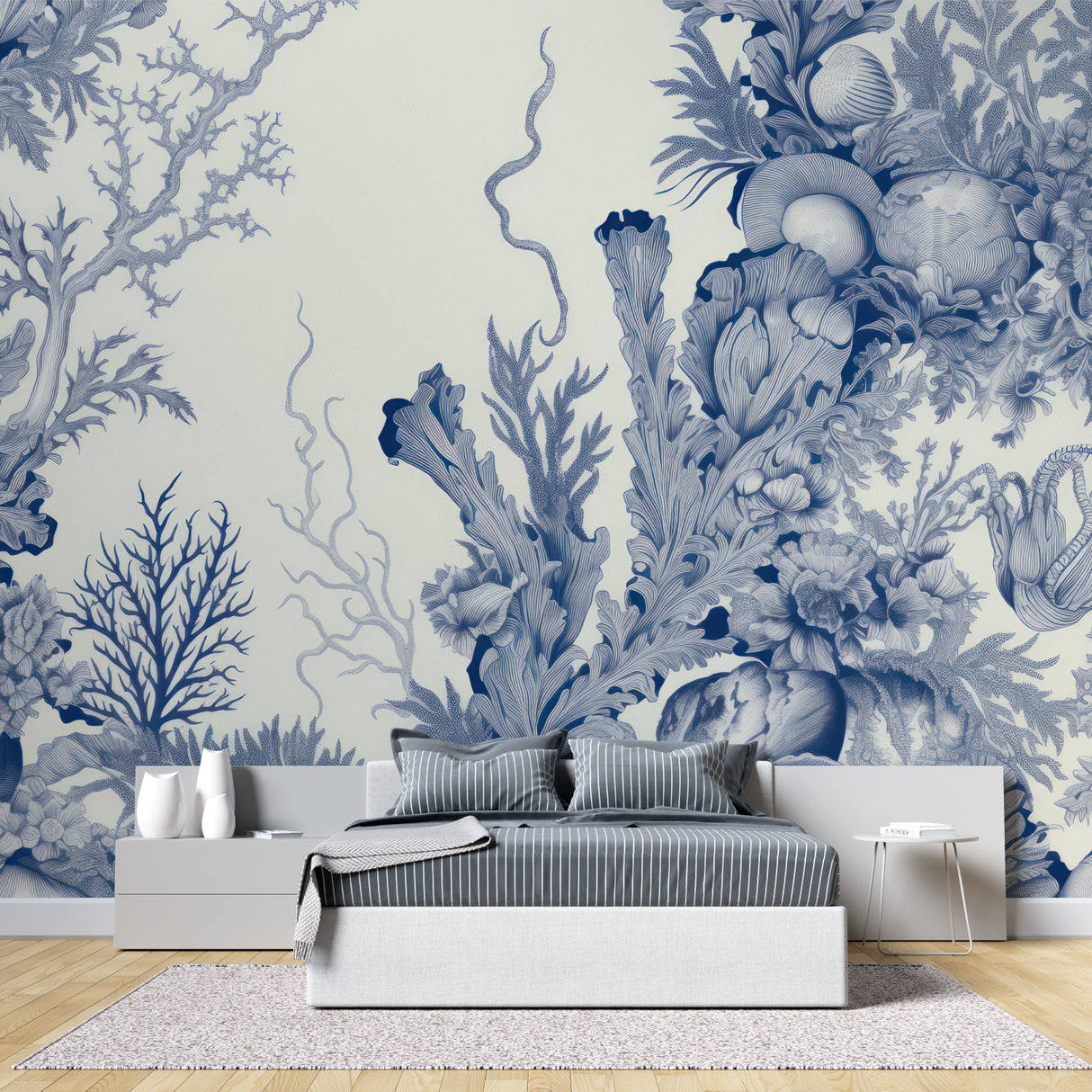 Marine life wallpaper installation in hotel lobby showing full wall coverage