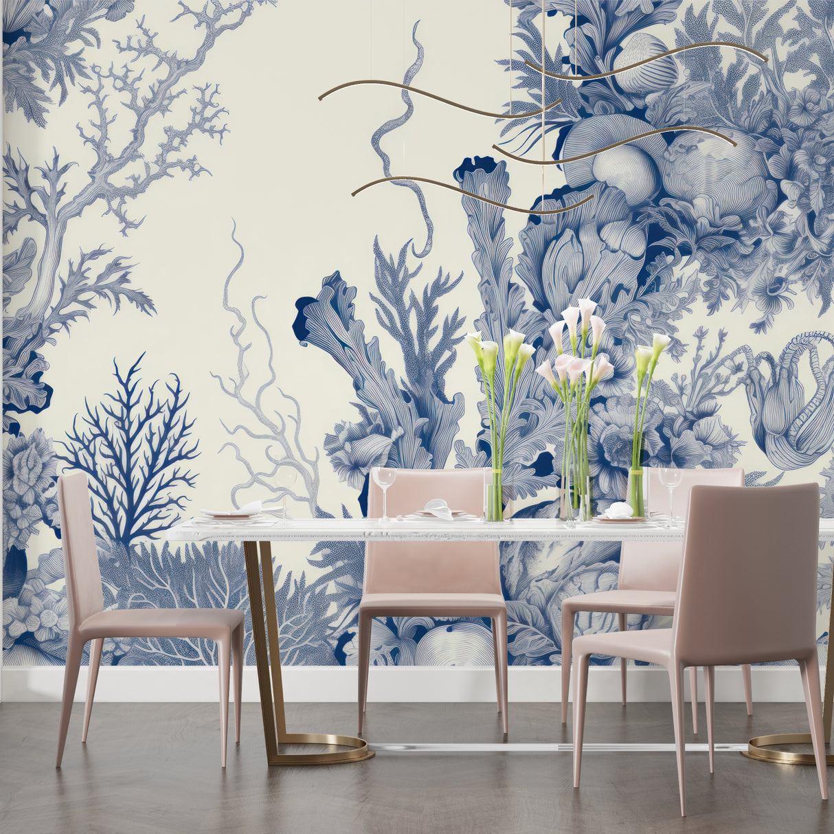 Underwater coral mural in dining room with evening lighting effects