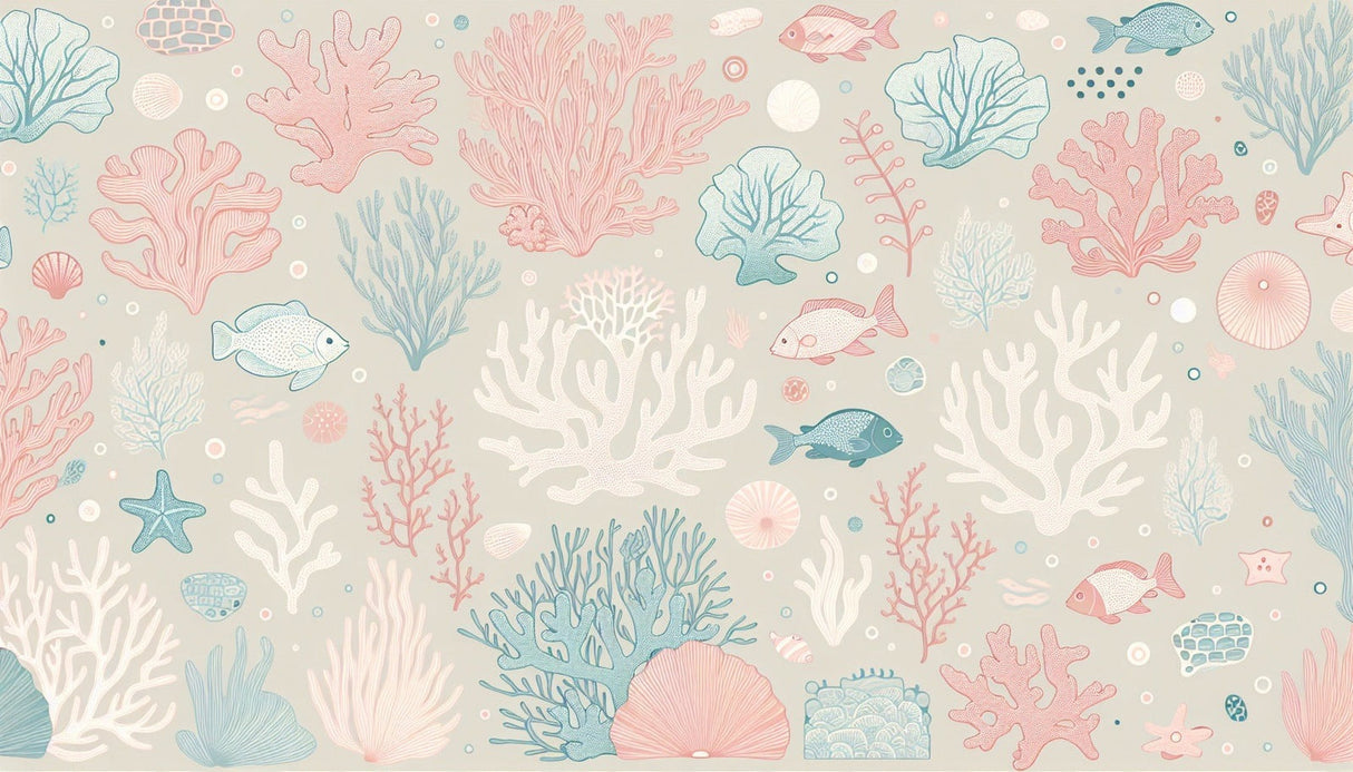 Marine coral reef wallpaper showcased in a bright modern bathroom, creating an underwater escape
