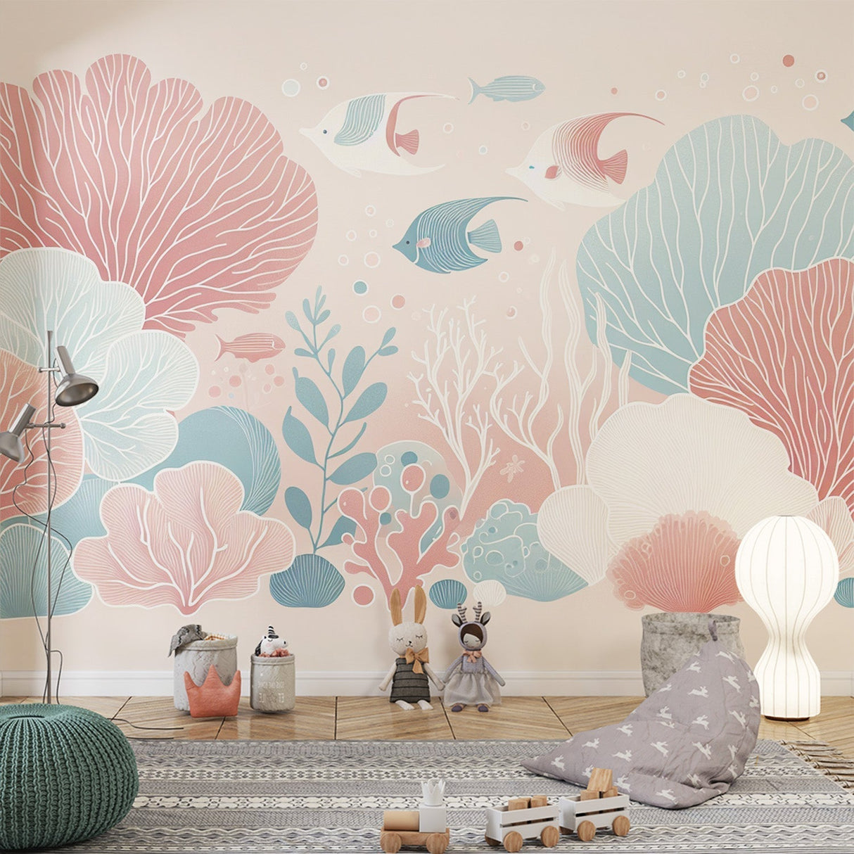 Marine life wallpaper creating a dreamy underwater scene in a modern living room