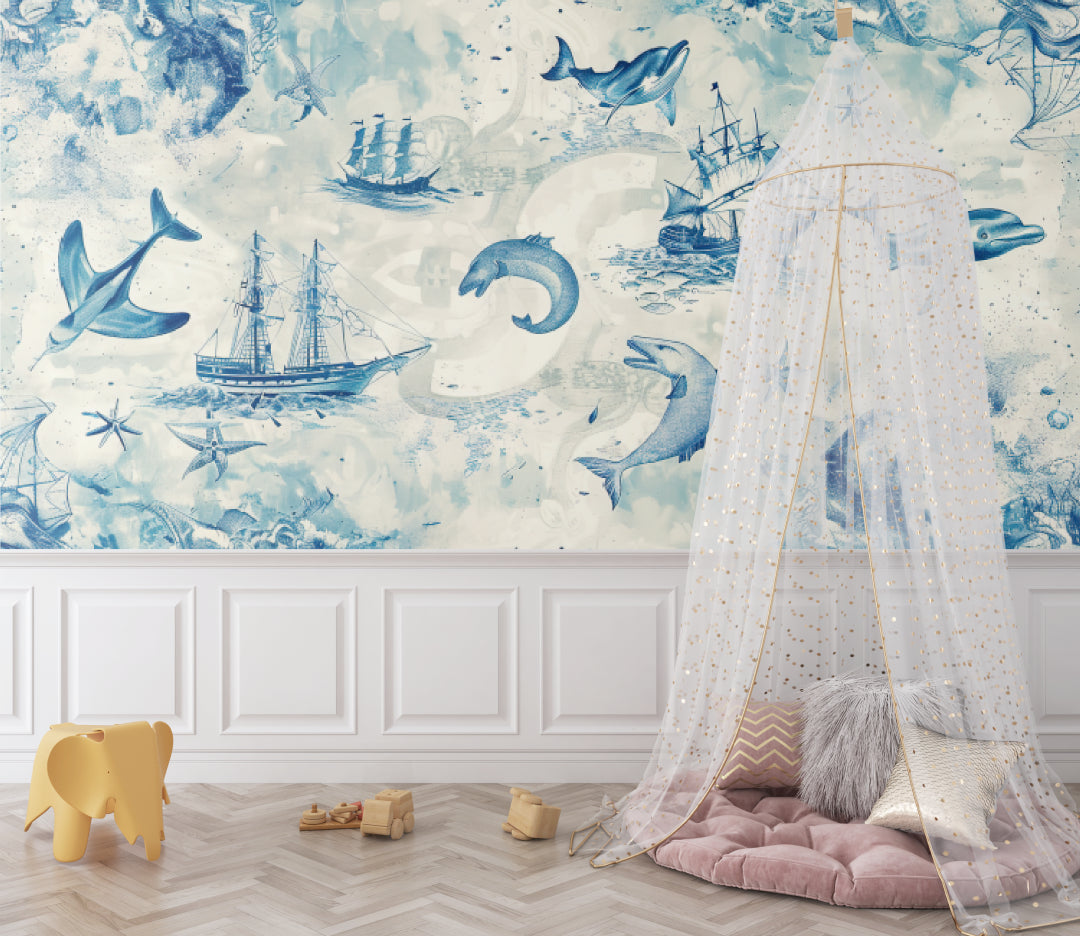 Marine theme wallpaper bringing ocean magic to a bright kids bedroom, with dolphins and ships creating a playful atmosphere