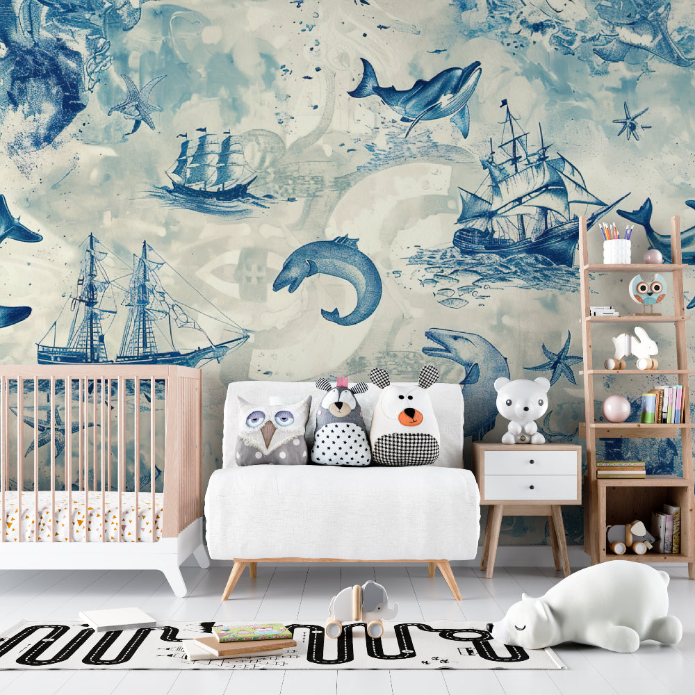 Nautical wallpaper in a modern nursery showing dolphins and vintage ships in soft blue tones