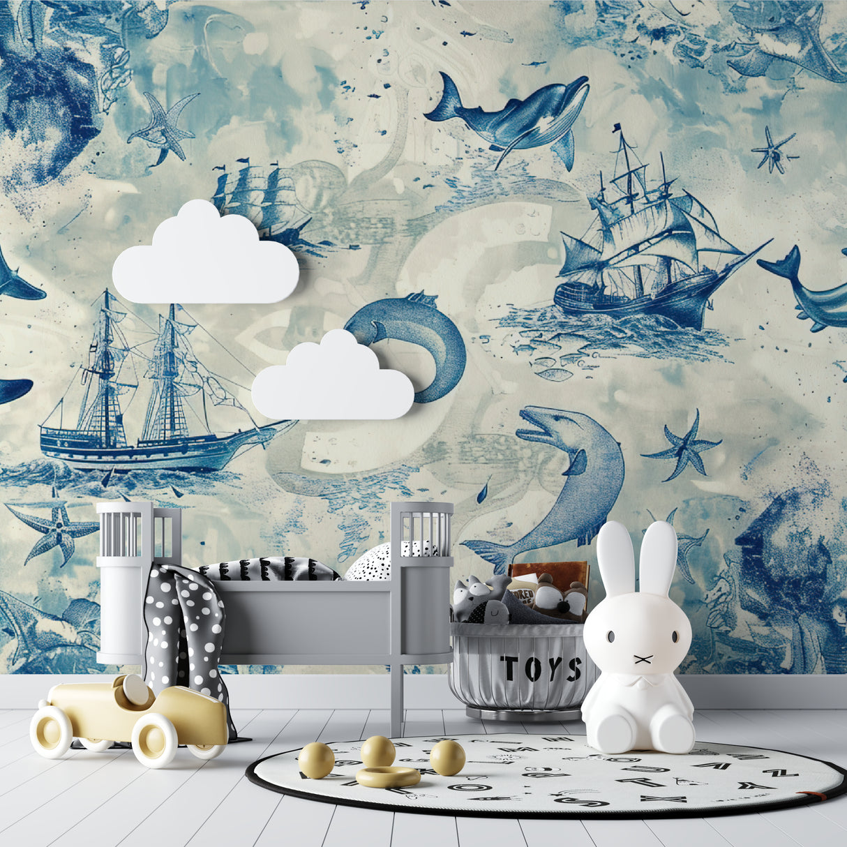 Ocean mural wallpaper transforming a playroom with maritime adventure scene
