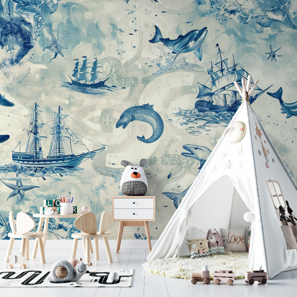 Marine wall mural displayed in a cozy reading nook with sailing ships and playful dolphins