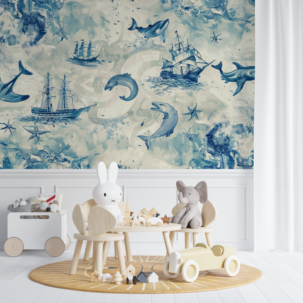 Nautical theme wallpaper creating depth in a small bedroom with ocean scenes