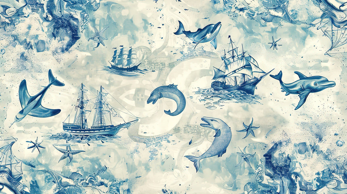 Original design file showing detailed marine pattern with watercolor dolphins and vintage sailing ships