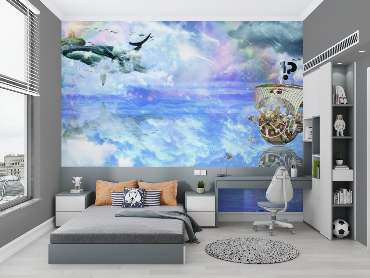Fantasy ocean wallpaper creating magic in a modern nursery with soft lighting and floating whale design