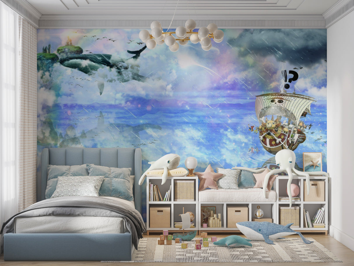 Marine adventure mural transforming a kid's playroom with pirate ship and whale theme