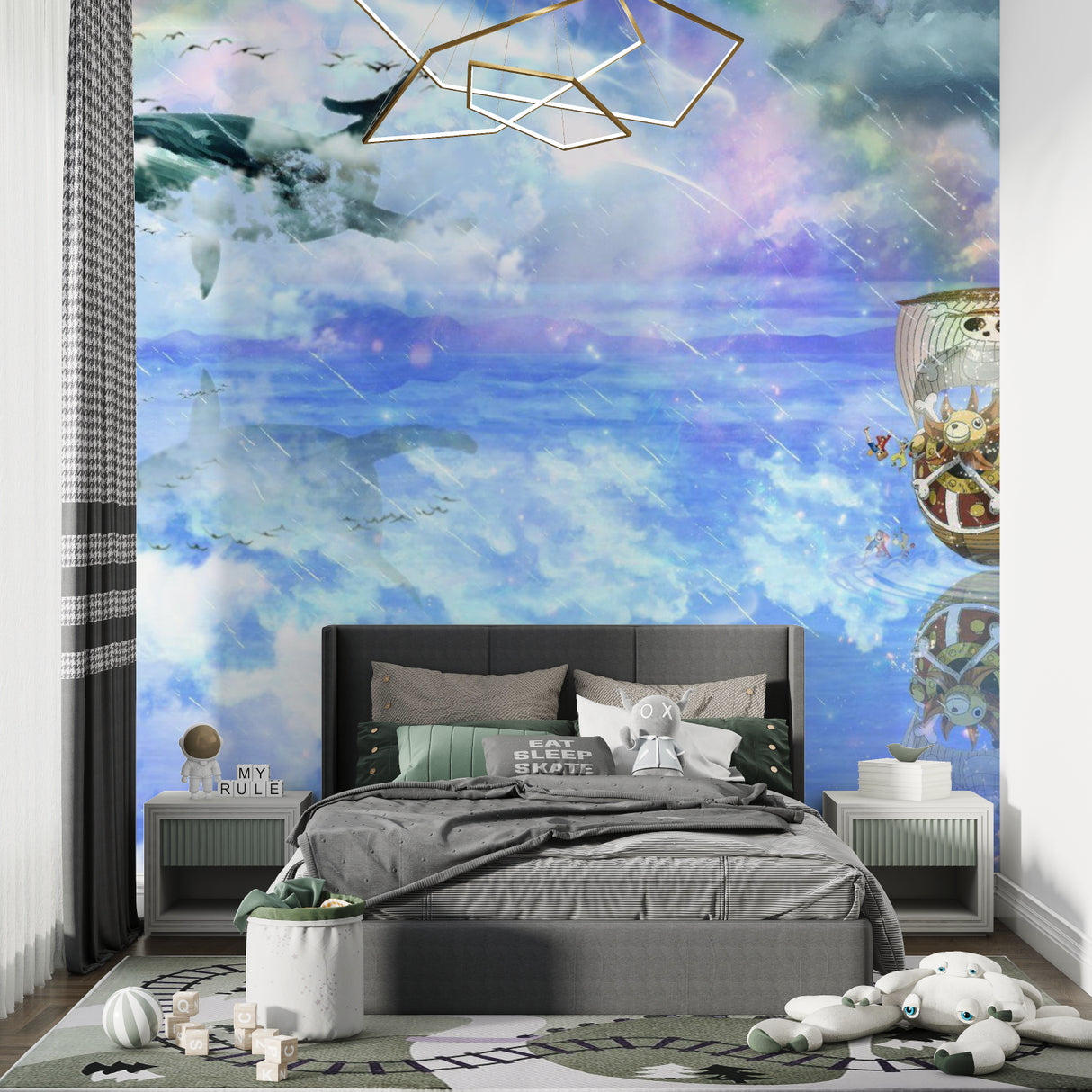 Fantasy whale wallpaper bringing wonder to a child's bedroom with dreamy colors