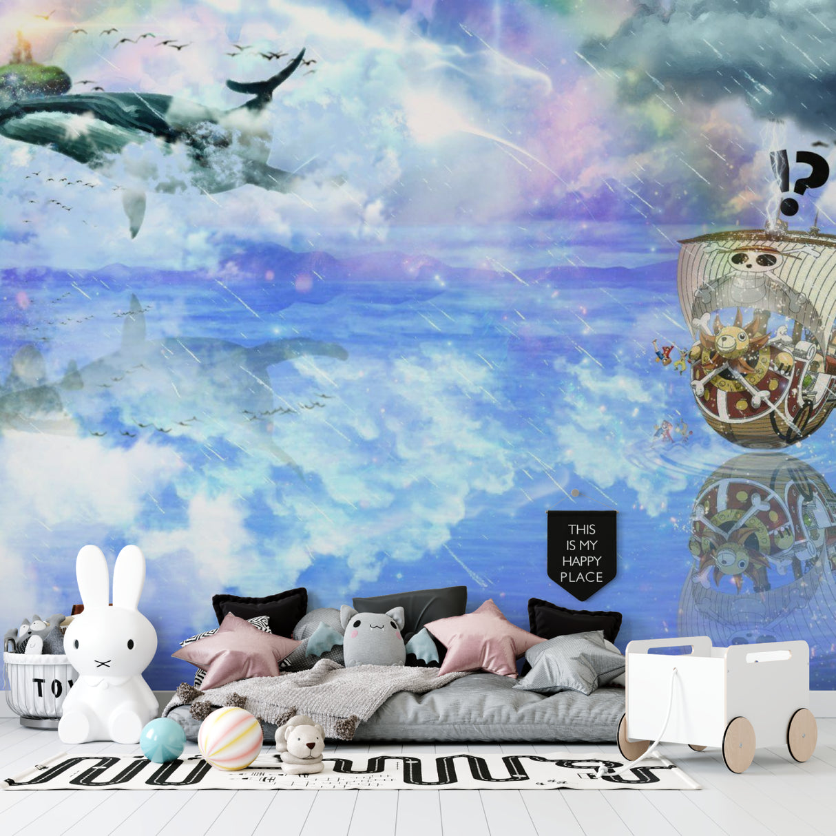 Pirate ship wall mural creating an adventure zone in a family reading nook