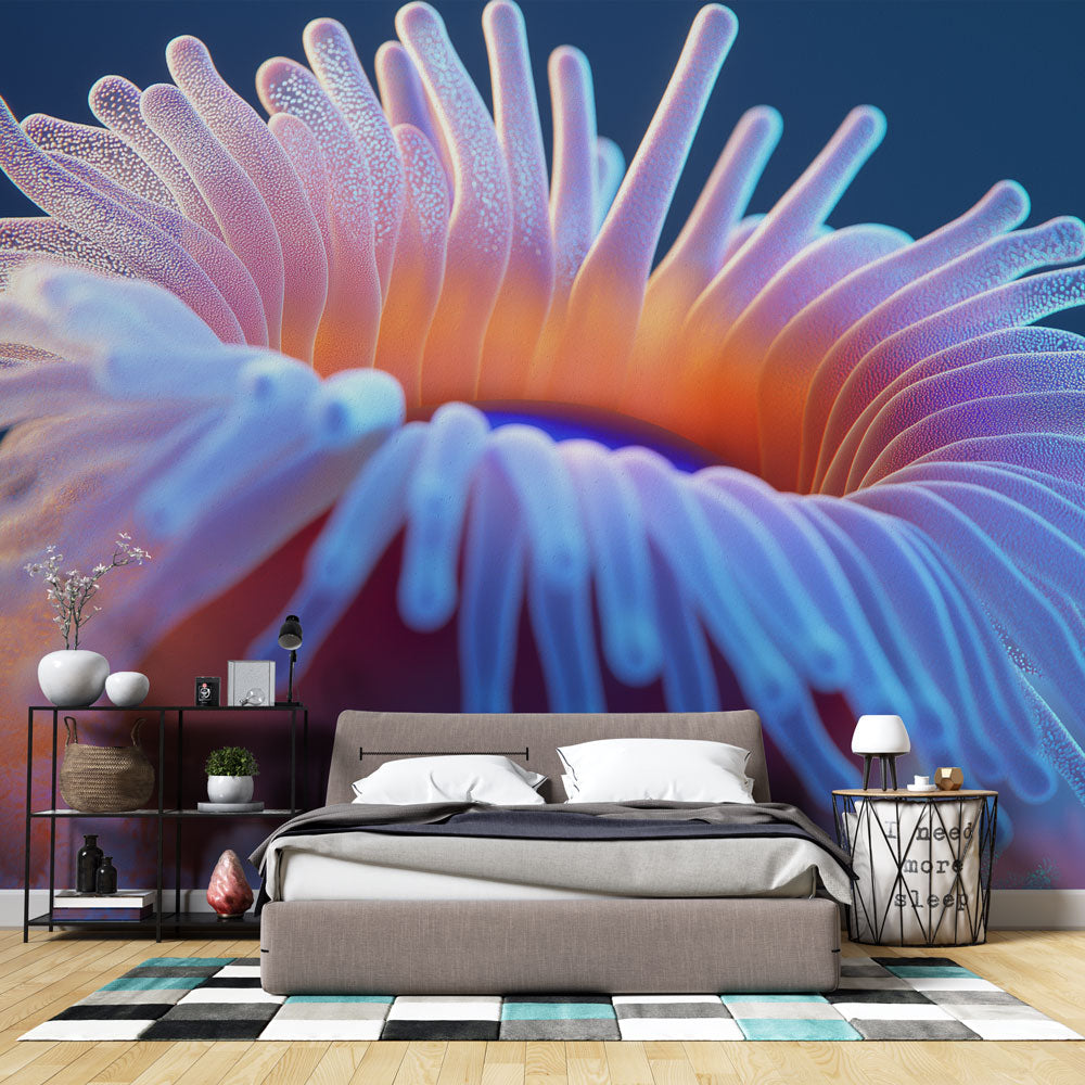 Marine life wallpaper creating dramatic impact in modern living room, blue anemone tentacles flowing across white wall