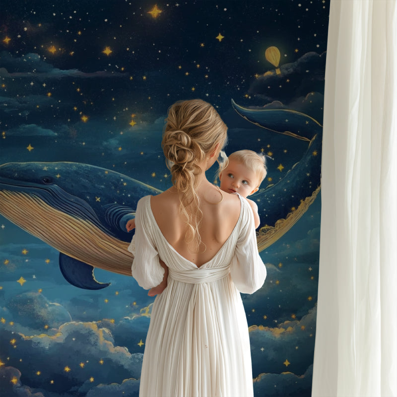 Marine whale wallpaper mural showcased in a modern nursery with soft lighting and floating shelves