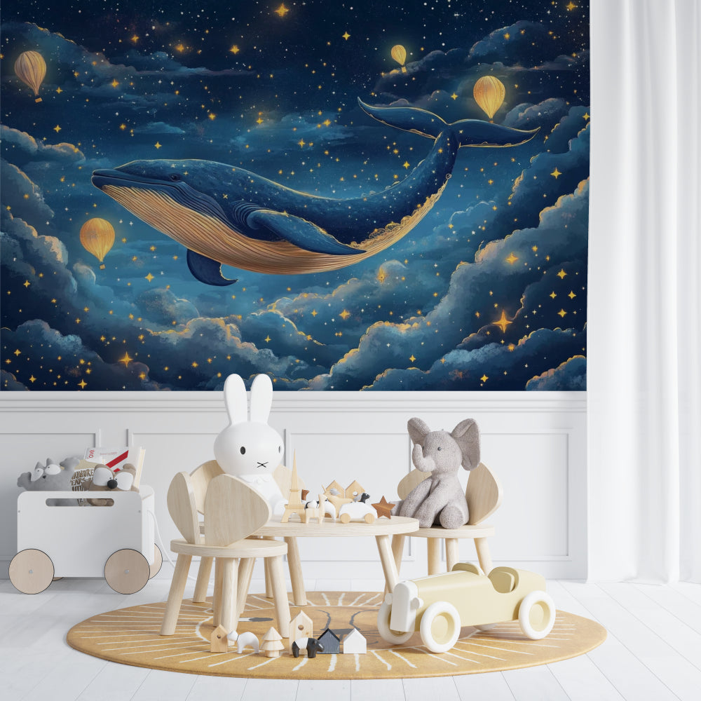 Whale and stars wallpaper creating a magical atmosphere in a child's reading nook