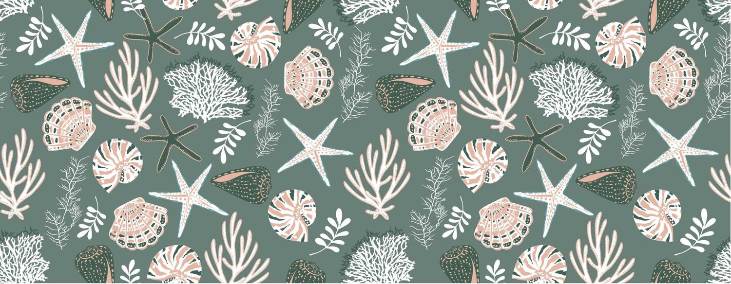 Design file of marine pattern with detailed seashells and starfish on sage green background