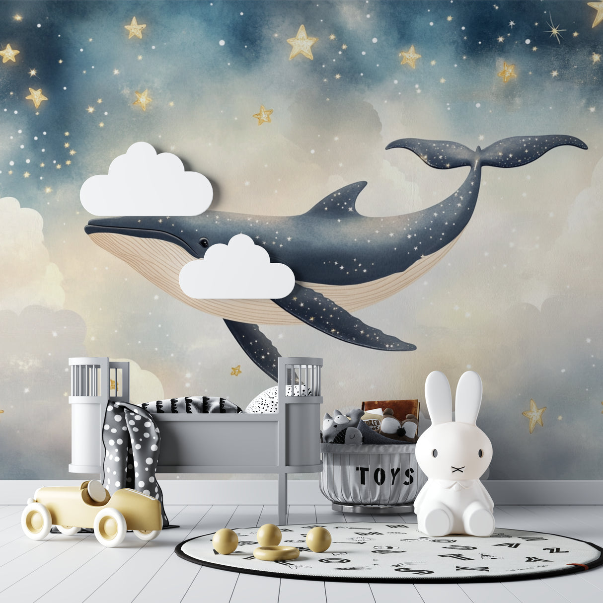 Whale constellation wallpaper creating magic in a cozy nursery with soft lighting