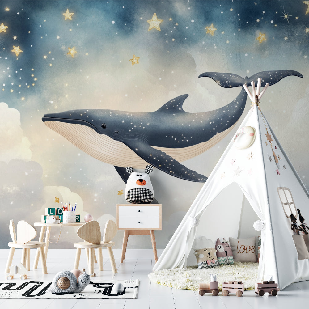 Marine star wallpaper transforming a kids bedroom into an underwater galaxy