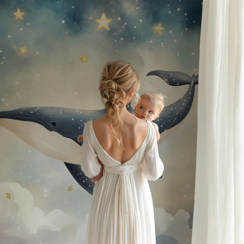 Marine wallpaper creating depth in a modern bedroom with starry elements