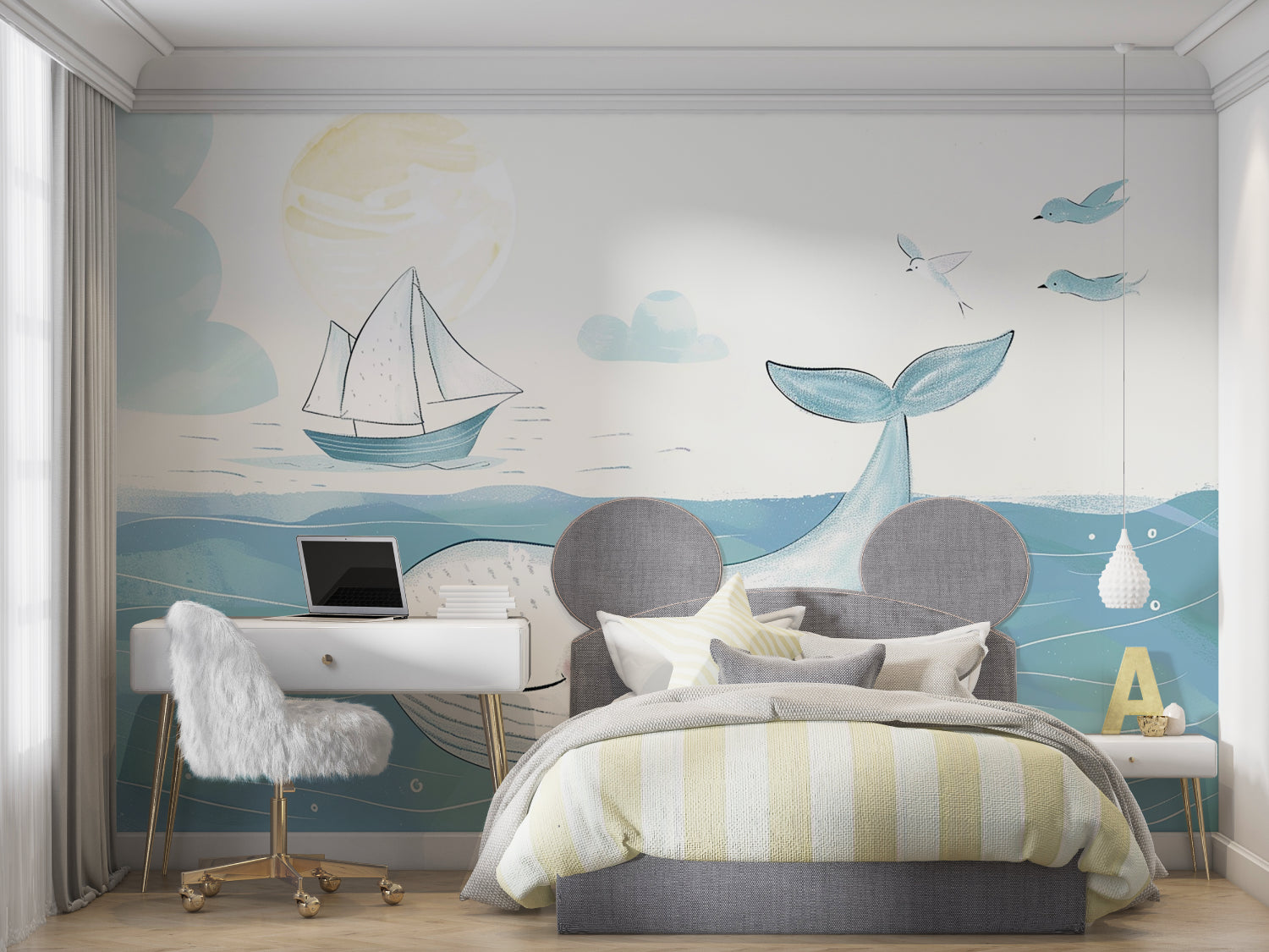 Ocean theme wallpaper with whale and sailboat creating a peaceful atmosphere in a modern nursery