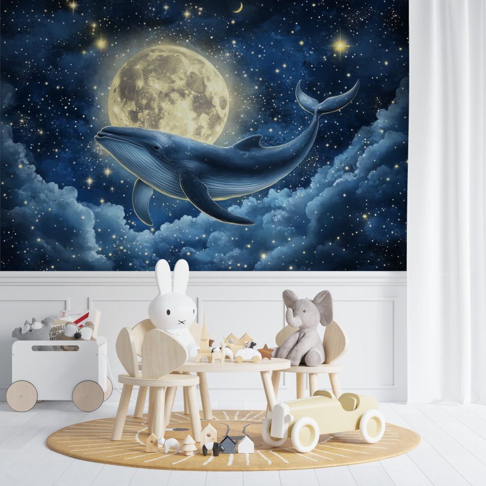 Marine whale wallpaper bringing magic to a cozy nursery with soft star lighting and dreamy atmosphere