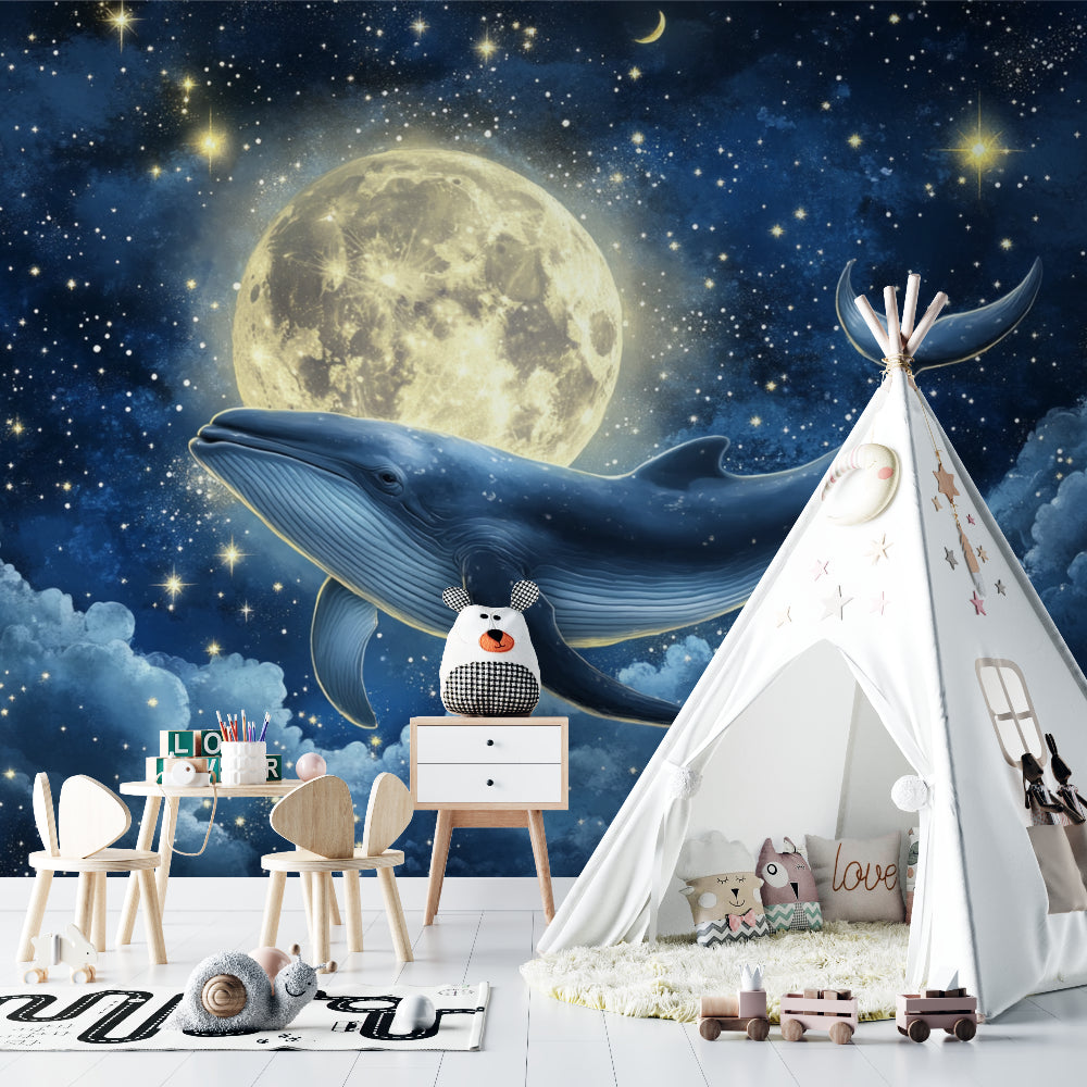 Whale wall mural creating a peaceful vibe in a kid's bedroom with gentle night sky theme