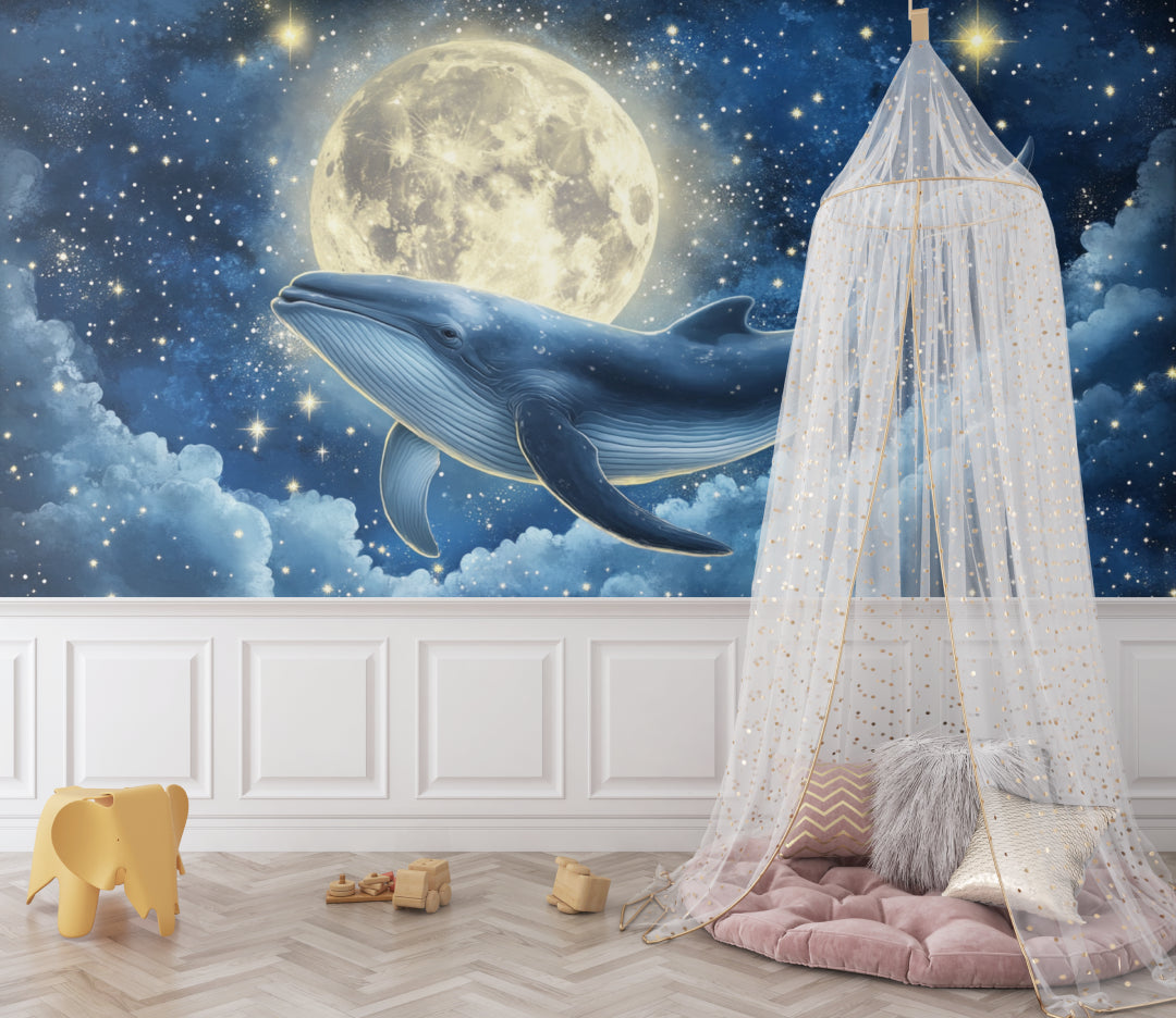 Marine themed wallpaper transforming a playroom into an underwater starlit adventure space
