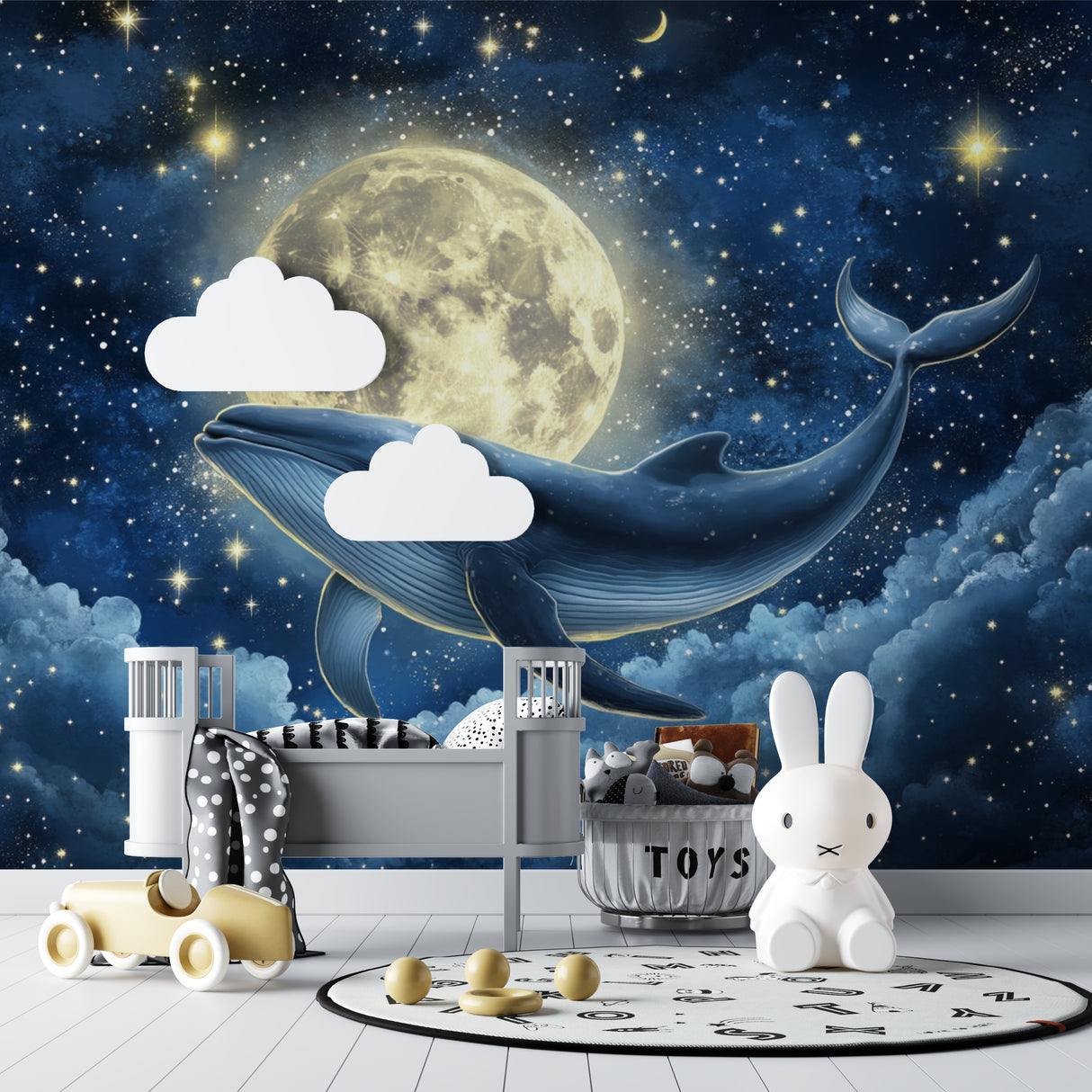 Night sky whale mural adding depth to a teen's room with celestial marine design