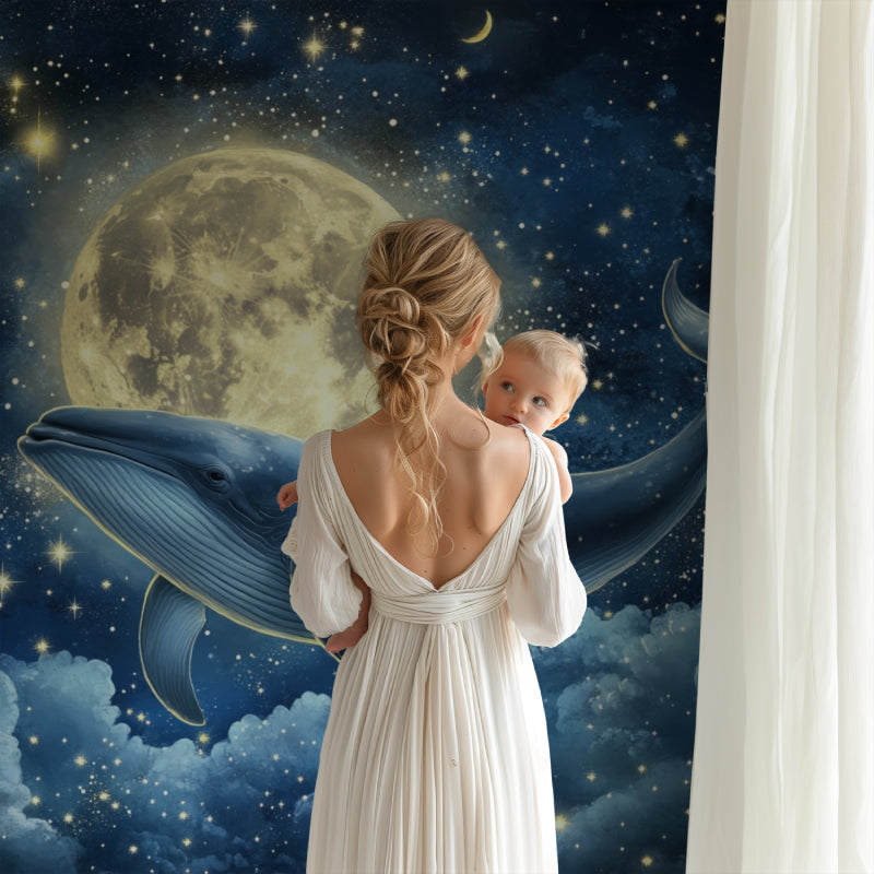 Starlit whale wallpaper bringing ocean magic to a modern living room setting